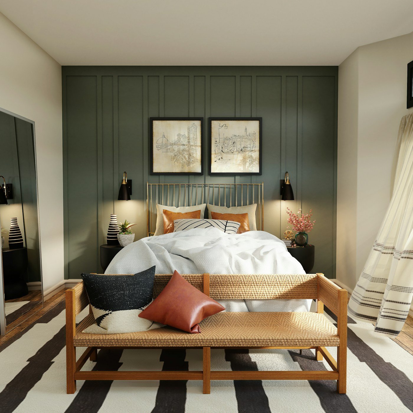 Bed with layered bedding in a warm bedroom